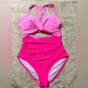 Ruched Two-Tone Pink One-Piece Swimsuit with Twist Front